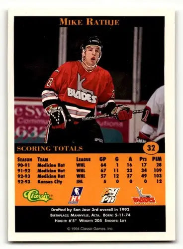 1994 Classic Pro Prospects #32 Mike Rathje Near mint or better EX/NM ID:63624 - Hockey Card Single
