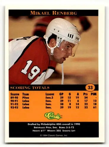 1994 Classic Pro Prospects #33 Mikael Renberg Near mint or better EX/NM ID:63625 - Hockey Card Single