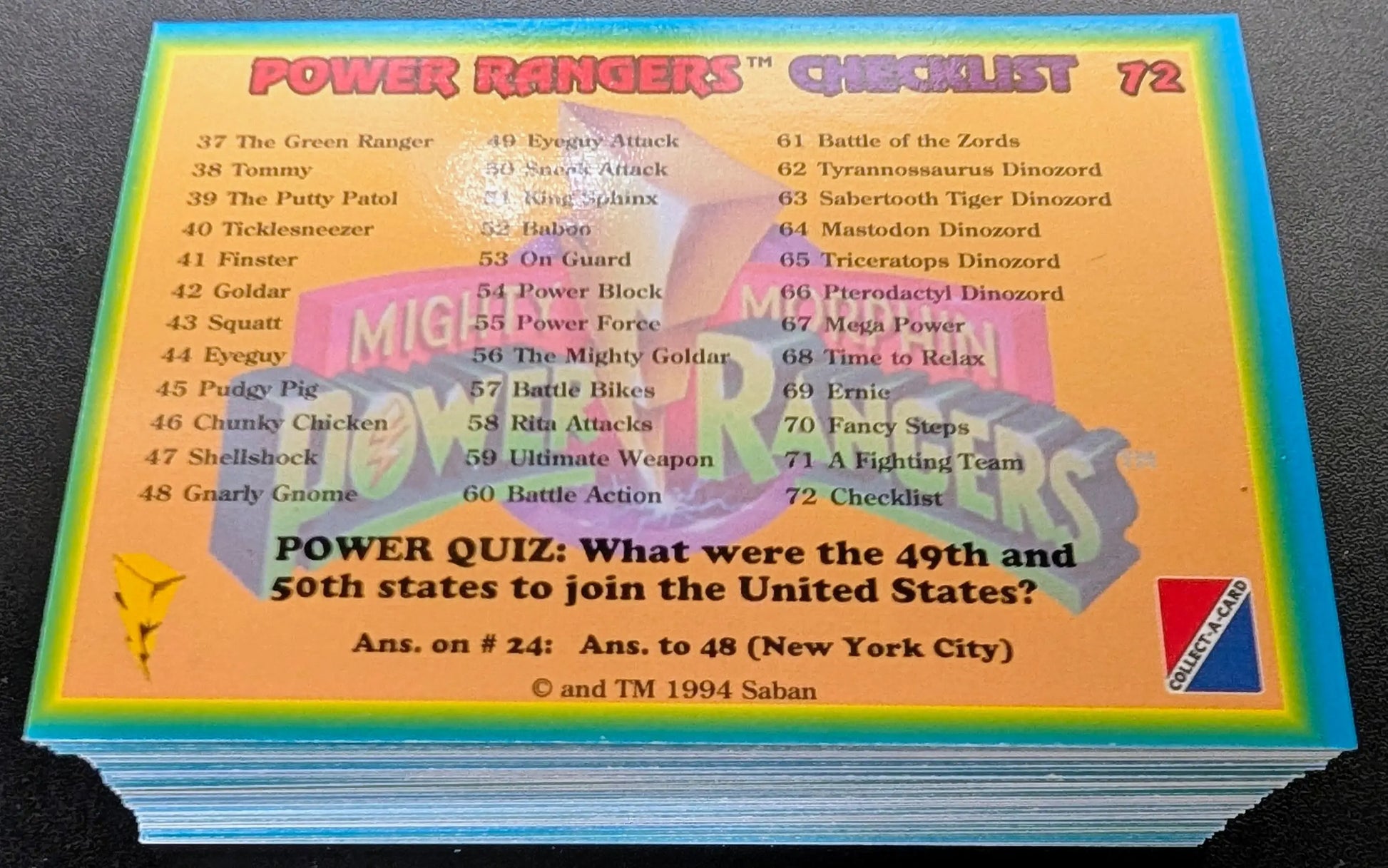 1994 Collect-a-Card Power Rangers Series 1 Complete 72 Card Set - Non-Sports Card Box