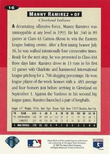 1994 Collector’s Choice #16 Manny Ramirez NM-MT Indians ID:81252 - Baseball Card Single
