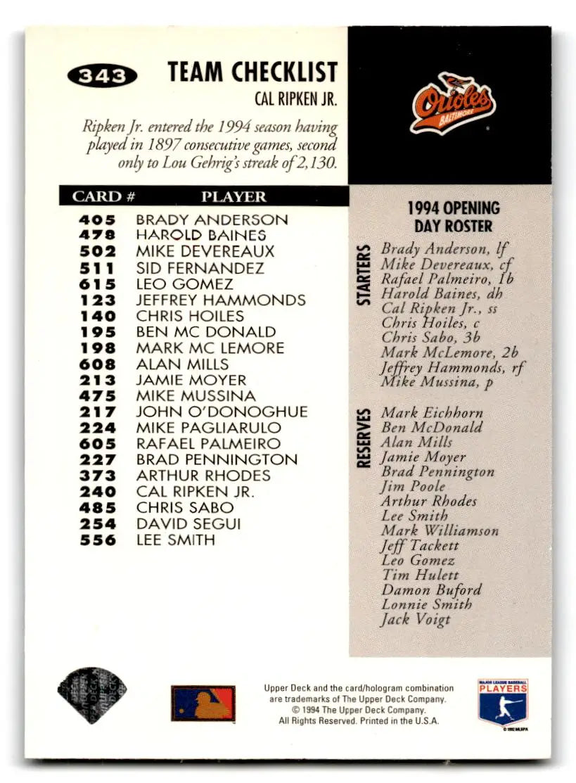 1994 Collector’s Choice #343 Cal Ripken Jr. - Baseball Card Single