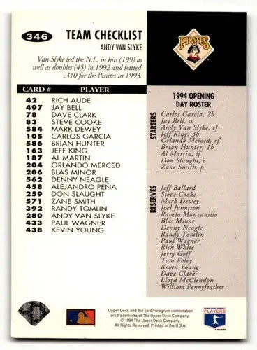 Baseball card checklist featuring 1994 Collector’s Choice Andy Van Slyke Pittsburgh Pirates original gloss
