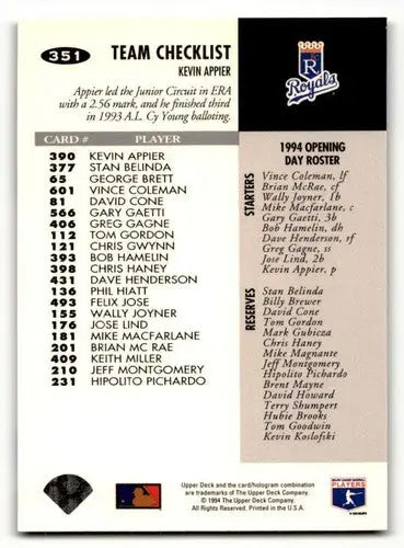 Back of 1994 Collector’s Choice Kevin Appier Kansas City Royals baseball card