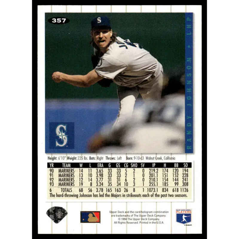 1994 Collector’s Choice #357 Randy Johnson EX/NM Seattle Mariners Baseball Card - Baseball Card Single