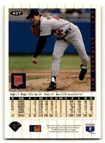 Baseball card back featuring Jim Deshaies Minnesota Twins 1994 Collector’s Choice #437