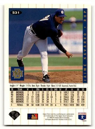 1994 Collector’s Choice Jaime Navarro Milwaukee Brewers baseball card showcasing Navarro Milwaukee Brewers