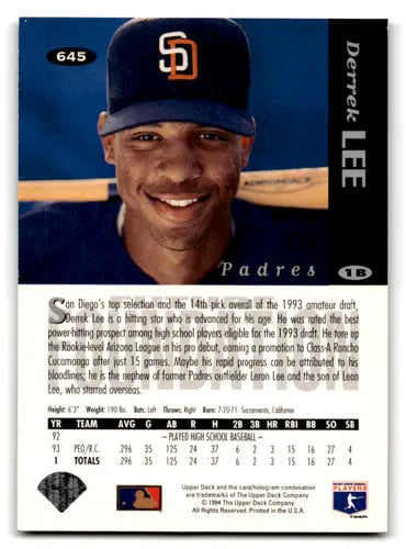Original gloss baseball trading card featuring Padres player Derrek Lee from 1994 Collector’s Choice Silver Signature