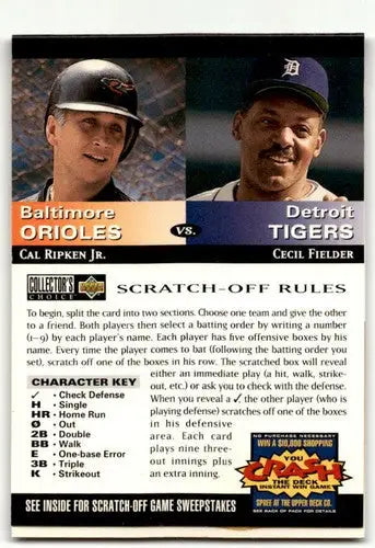 Baseball card with scratch-off game rules from 1994 Collector’s Choice featuring Cal Ripken
