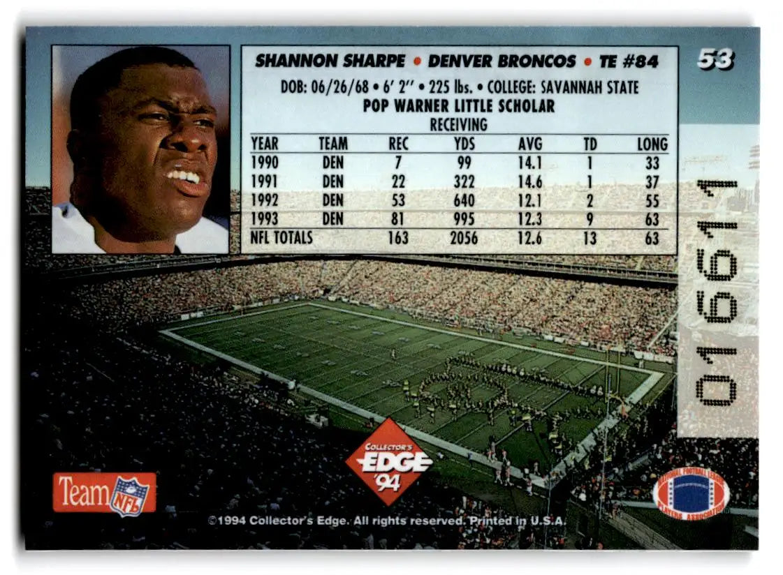 1994 Collector’s Edge #53 Shannon Sharpe Pop Warner 22K Gold - Football Card Single