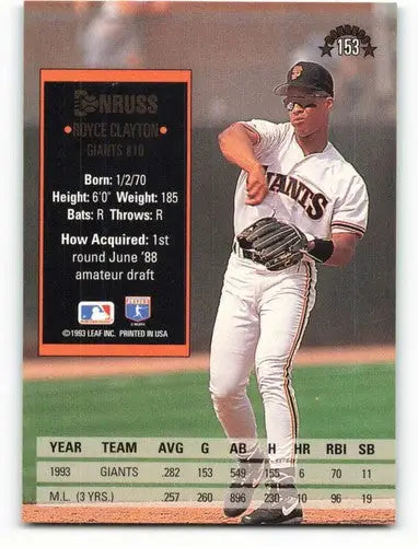 Original gloss Royce Clayton baseball card 1994 Donruss NM-MT Giants ID71613