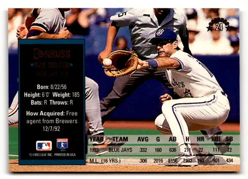 Baseball card of Paul Molitor from the Toronto Blue Jays 1994 Donruss series