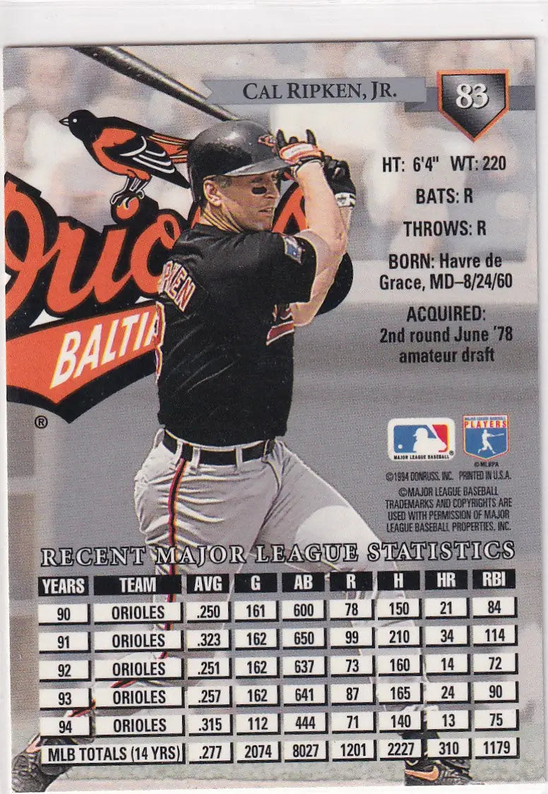 1994 DONRUSS #83 CAL RIPKEN JR- BALTIMORE ORIOLES - Baseball Card Single