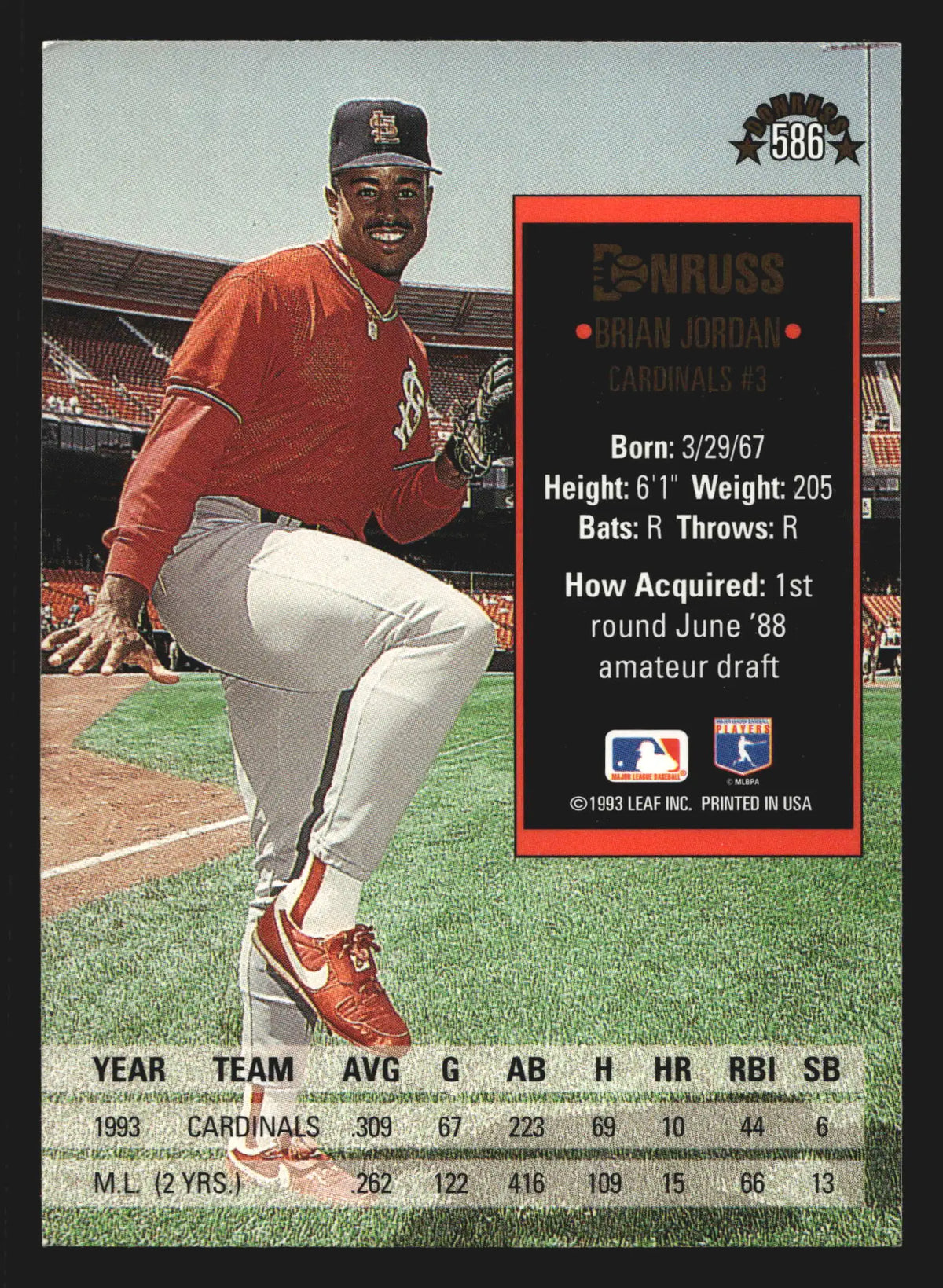 1994 Donruss Brian Jordan #586 St. Louis Cardinals - Baseball Card Single