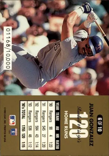 Original gloss Baseball card of Juan Gonzalez from 1994 Donruss Decade Dominators Jumbos