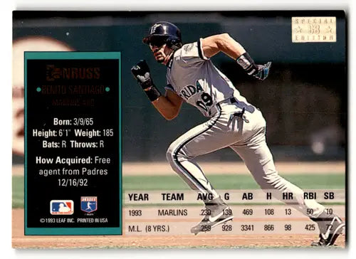 Baseball card with Benito Santiago stats from 1994 Donruss Special Edition Gold NM-MT