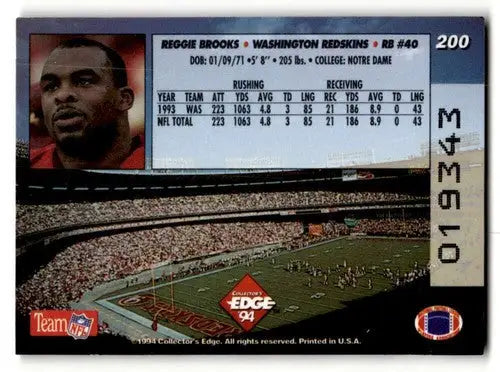Back of a 1994 Reggie Brooks Washington Redskins football card showcasing details