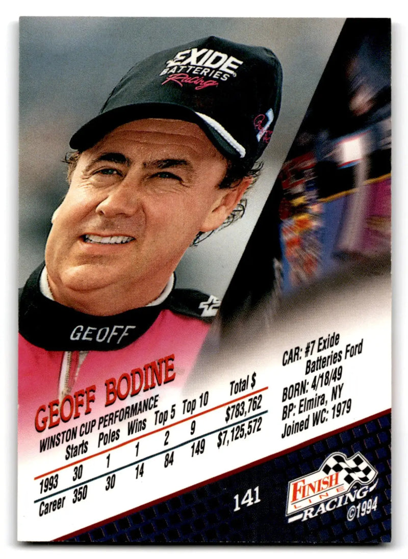 Vintage NASCAR trading card featuring Geoff Bodine from 1994 Finish Line Racing collection