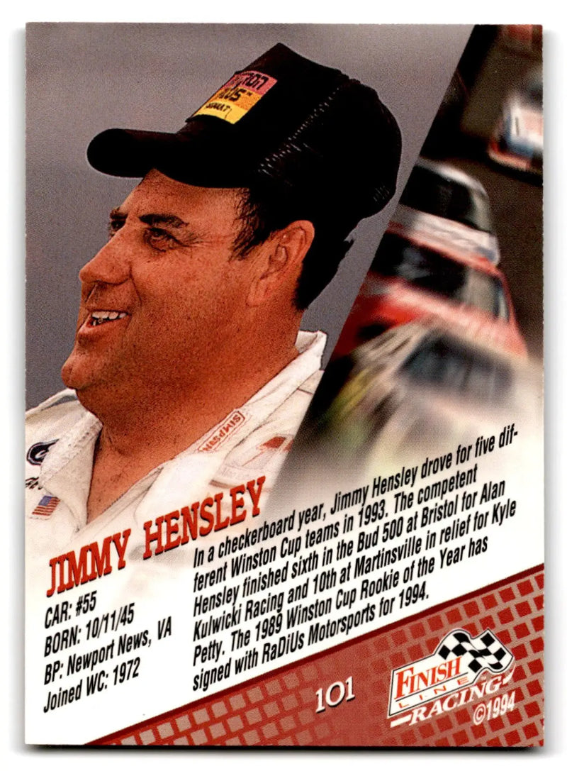 Back of a 1994 Finish Line Racing Jimmy Hensley #101 trading card featuring a smiling man in a black hat