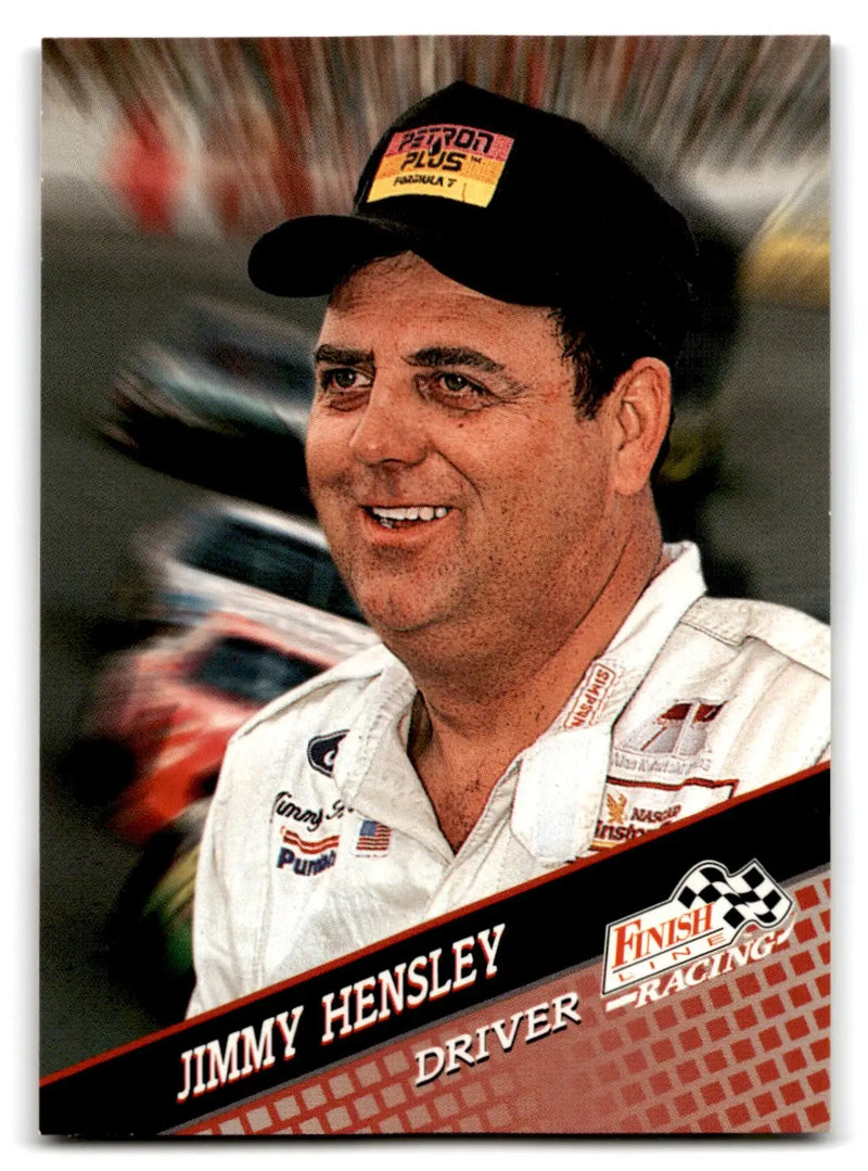 Vintage Finish Line Racing Jimmy Hensley baseball card featuring smiling race car driver
