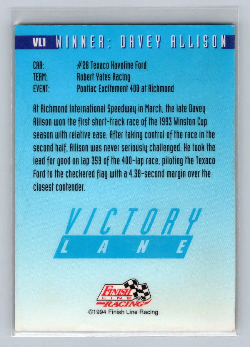 1994 Finish Line #VL1 Davey Allison Victory Lane Robert Yates Racing - Racing Card Single