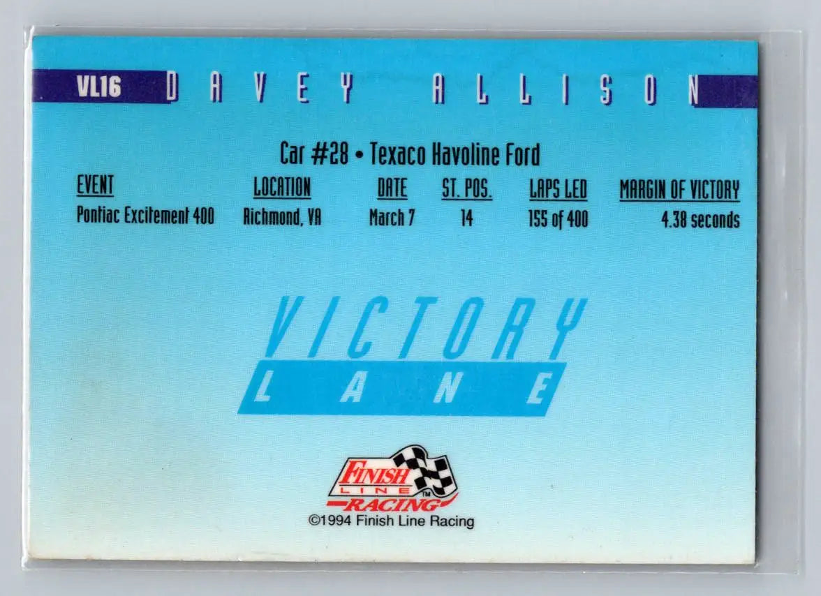 1994 Finish Line #VL16 Davey Allison Victory Lane Robert Yates Racing - Racing Card Single