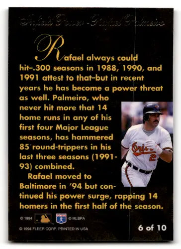 Baseball card back from 1994 Flair Infield Power Rafael Palmeiro NM Near Mint