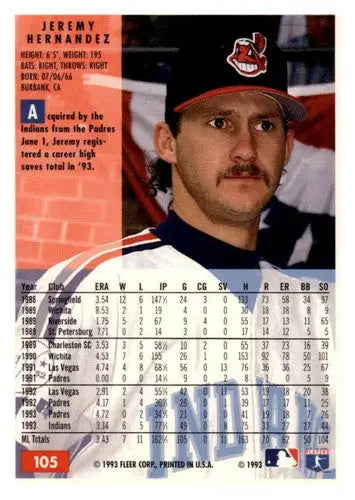 Original gloss Baseball card back featuring Jeremy Hernandez from 1994 Fleer #105