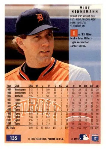 Original gloss 1994 Fleer Mike Henneman baseball card featuring Tigers player