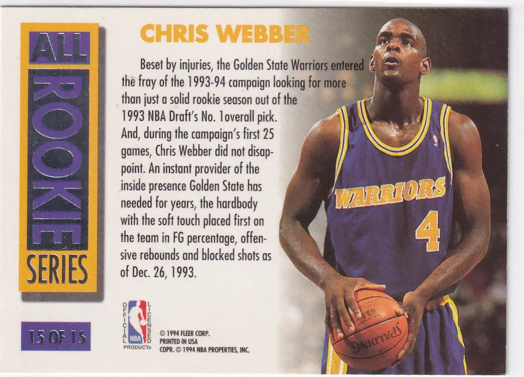 1994 FLEER #15 CHRIS WEBBER ALL ROOKIE- GOLDEN STATE WARRIORS - Basketball Card Single