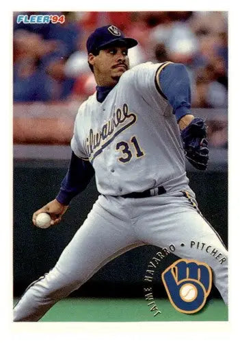 Original gloss baseball card of Jaime Navarro from 1994 Fleer #185 Brewers