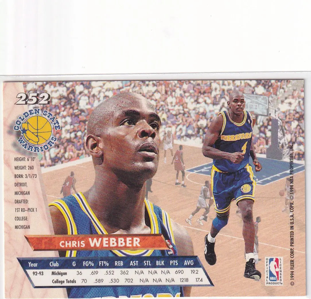 1994 FLEER #252 CHRIS WEBBER DRAFT PICK- GOLDEN STATE WARRIORS - Basketball Card Single