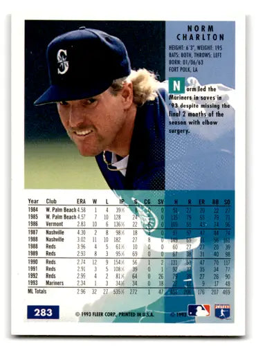 Original gloss Norm Charlton baseball card featuring Mint Mariners from 1994 Fleer #283