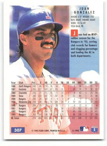 1994 Fleer #307 Juan Gonzalez NM Near Mint Rangers ID:58459 - Baseball Card Single