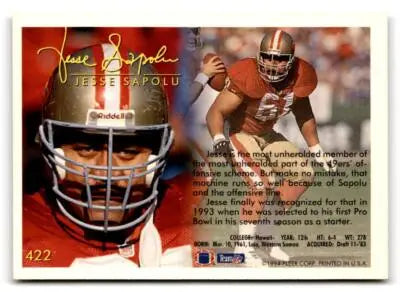 1994 Fleer Jesse Sapolu football trading card featuring San Francisco 49ers biography and stats