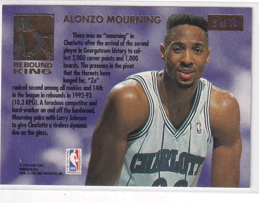 1994 FLEER #5 ALONZO MOURNING RBOUND KING- CHARLOTTE HORNETS - Basketball Card Single