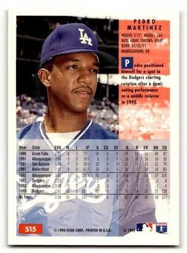 Original gloss Pedro Martinez baseball card featuring Pedro Martinez Los Angeles Dodgers