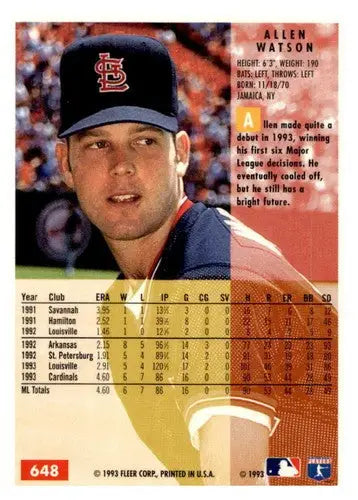 Original gloss 1994 Fleer Allen Watson baseball card featuring Allen Watson and Cardinals