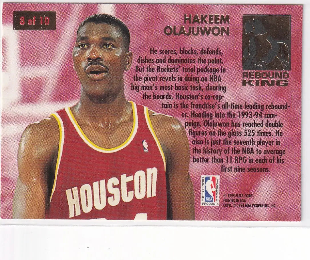 1994 FLEER #8 HAKEEM OLAJUWON REBOUND KING- HOUSTON ROCKETS - Basketball Card Single