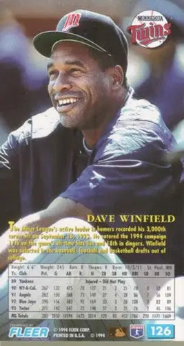 Original gloss Fleer Extra Bases 1994 Dave Winfield baseball card in excellent condition