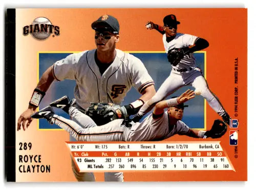 Original gloss Baseball card featuring Royce Clayton from Fleer Ultra 1994 Giants
