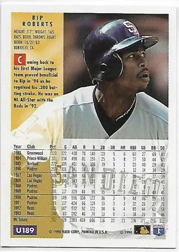 Original gloss baseball trading card featuring Bip Roberts from 1994 Fleer Update Padres