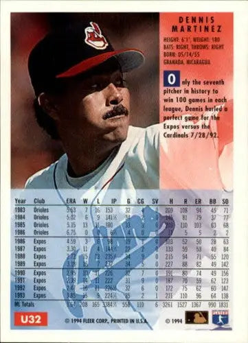 Original gloss Dennis Martinez baseball card from 1994 Fleer Update #32 Indians