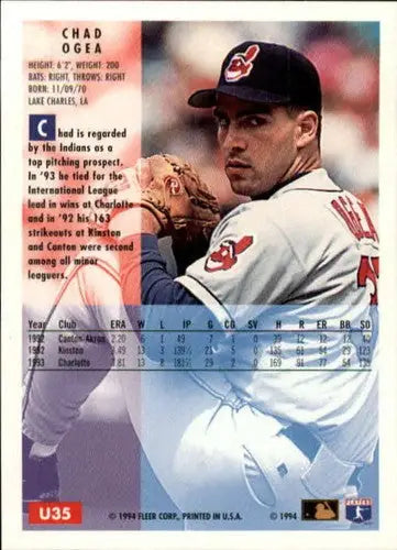 Original gloss 1994 Fleer Update Chad Ogea baseball card of Indians team