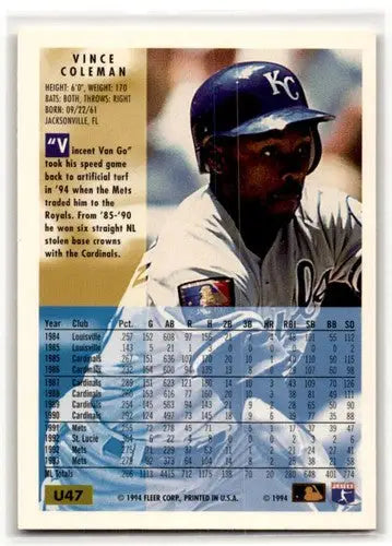 1994 Fleer Update #U47 Vince Coleman Kansas City Royals Baseball Car ID:53203 - Baseball Card Single