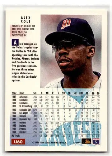 1994 Fleer Update #U60 Alex Cole Minnesota Twins Baseball Cards ID:53190 - Baseball Card Single
