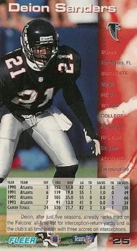 Original gloss Deion Sanders Game Day football card featuring his stats and Falcons photo