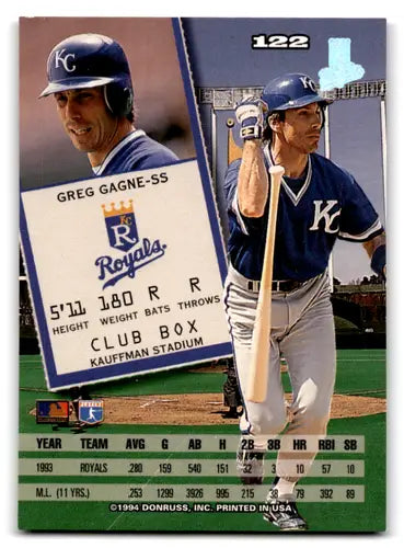 Greg Gagne baseball card with original gloss from 1994 Leaf #122 NM-MT Royals