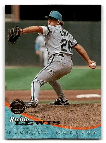 Baseball card of Richie Lewis with original gloss from 1994 Leaf NM-MT Marlins