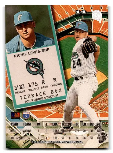 Original gloss Richie Lewis baseball card 1994 Leaf NM-MT Marlins ID 72343