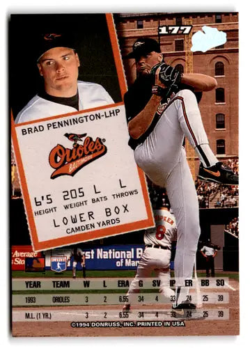 Original gloss Brad Pennington baseball card 1994 Leaf #177 NM-MT Orioles ID 72798